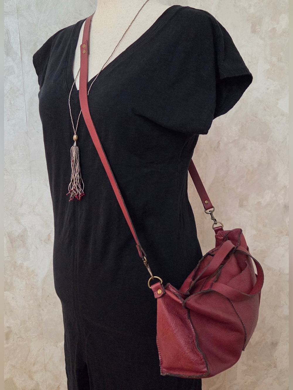Stitch & Tickle Oxblood Leather Crossbody Satchel | Artisan Handmade Slouchy Bag - Picture 4 of 11